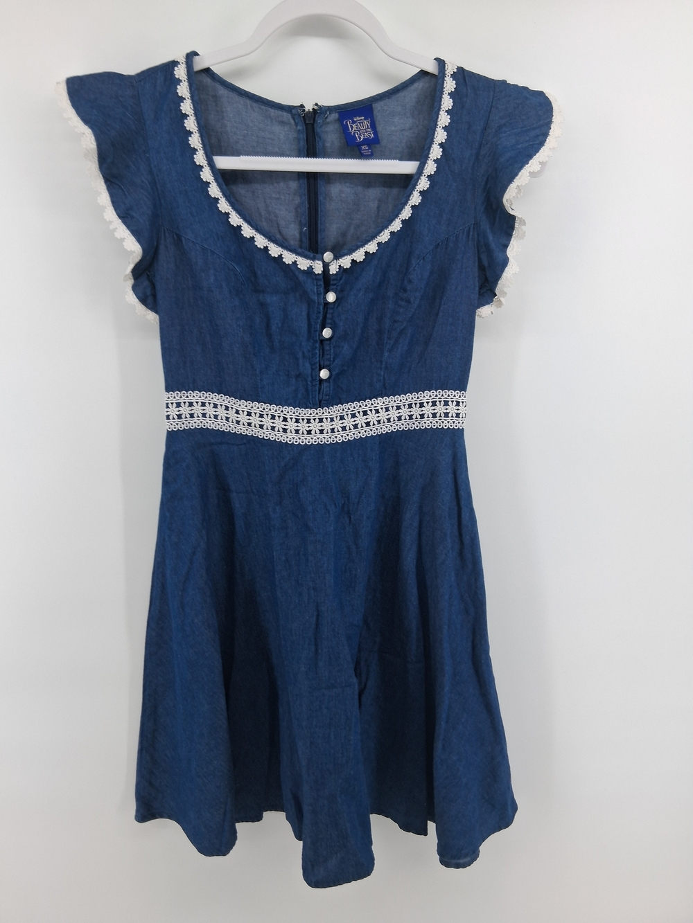 Disney Navy Blue Denim-Style Dress with White Lace Trim